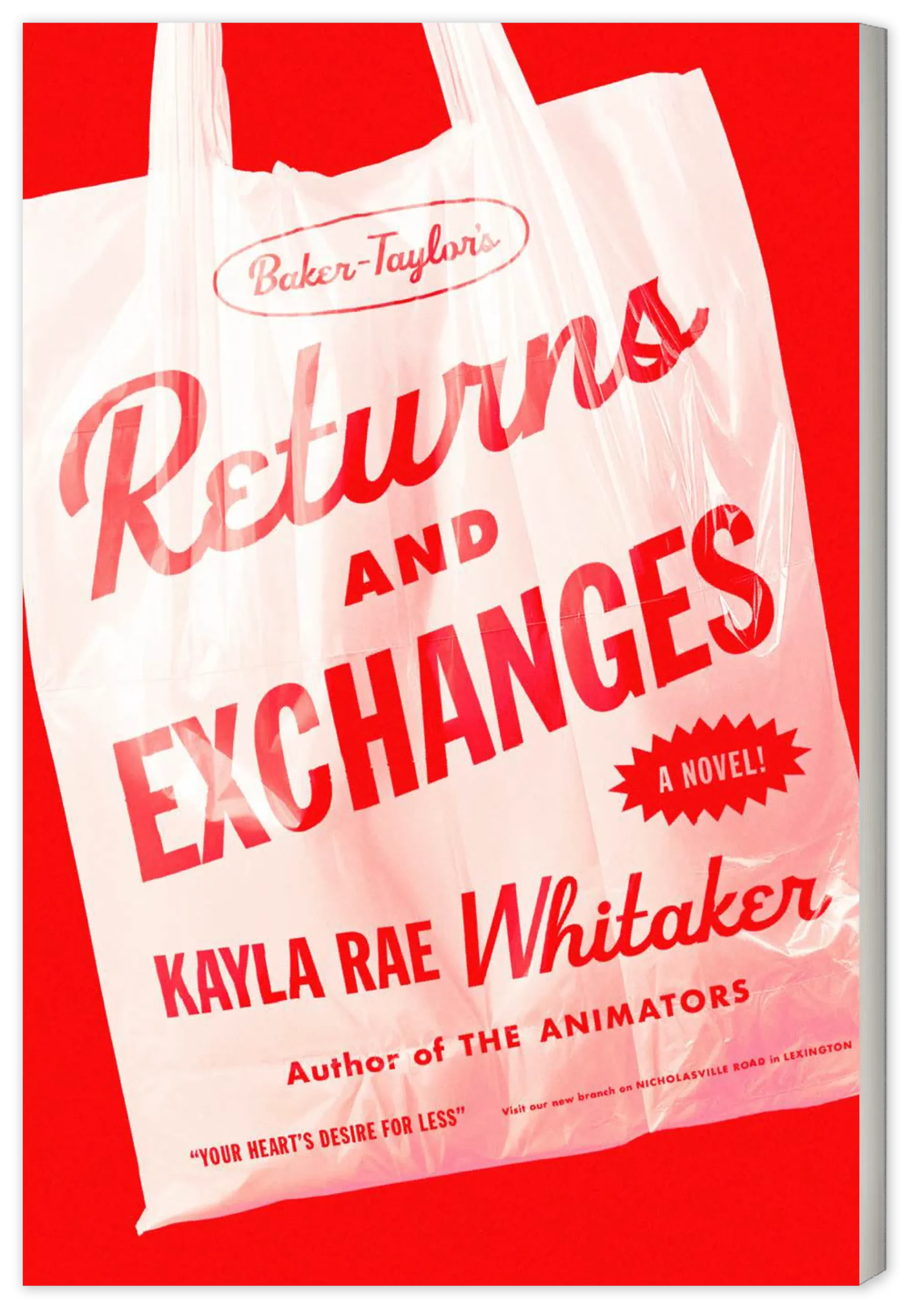 Cover image for Returns and Exchanges, a novel by Kayla Rae Whitaker; the cover depicts a white plastic shopping bag with the book's title and author information in retro sans and cursive type, the design evoking 1950s style